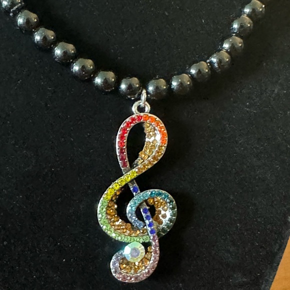 Rainbow Treble Clef, Music Pendant Charm Faux Black Pearl Beaded Necklace - Picture 2 of 9